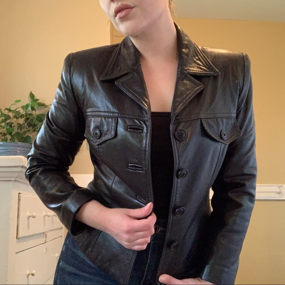 Vintage 80/90s Cropped Black Leather Blazer Jacket - Picture 2 of 7
